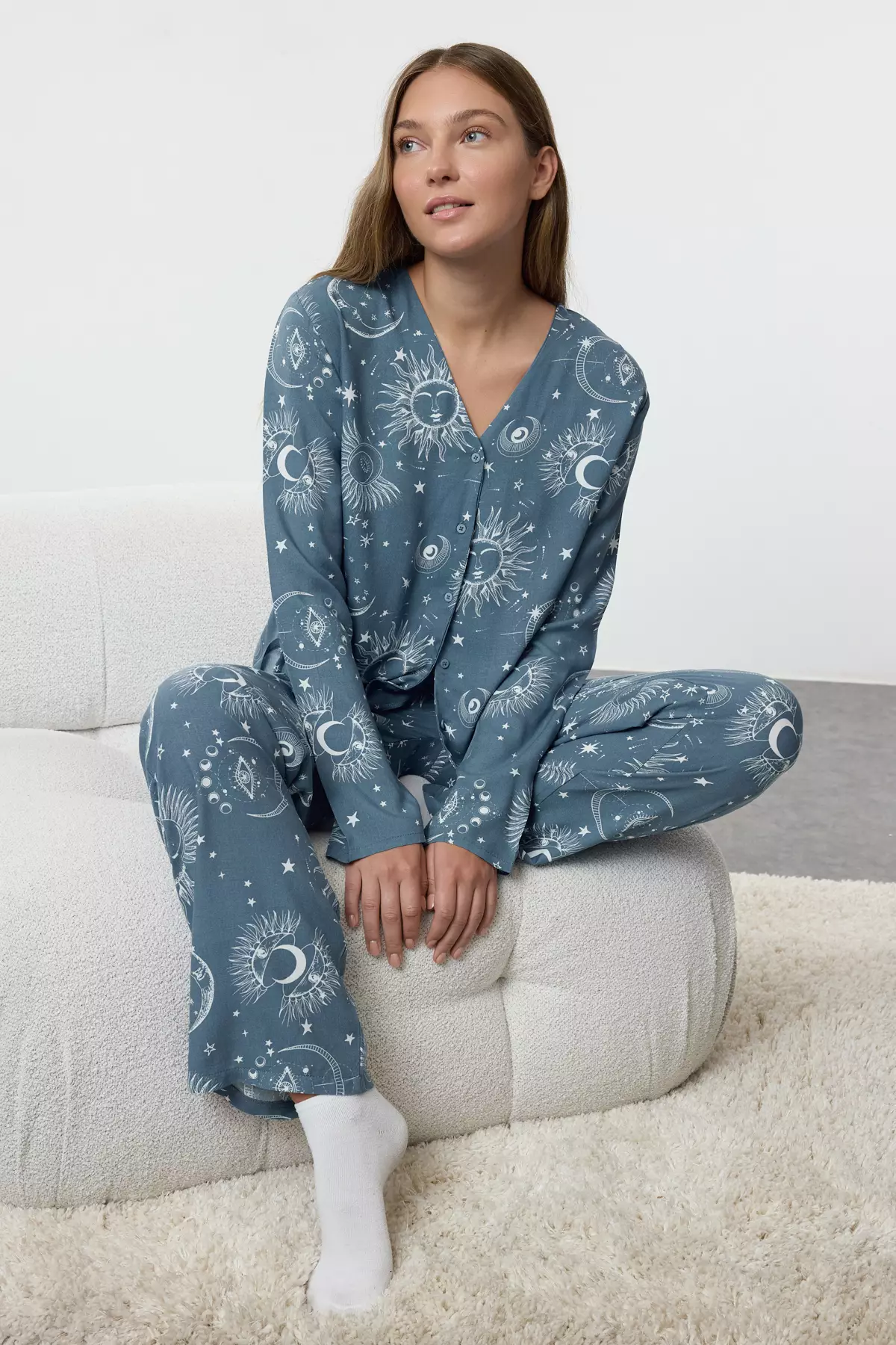 Women's Couple Blue Galaxy Patterned Viscose Woven Pajama Set