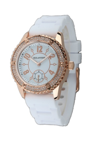 EGLANTINE 金色 EGLANTINE® Vanessa 女士鍍玫瑰金精鋼石英手錶，表面鑲有白色橡膠錶帶上的水晶 4B549ACB4F625CGS_1