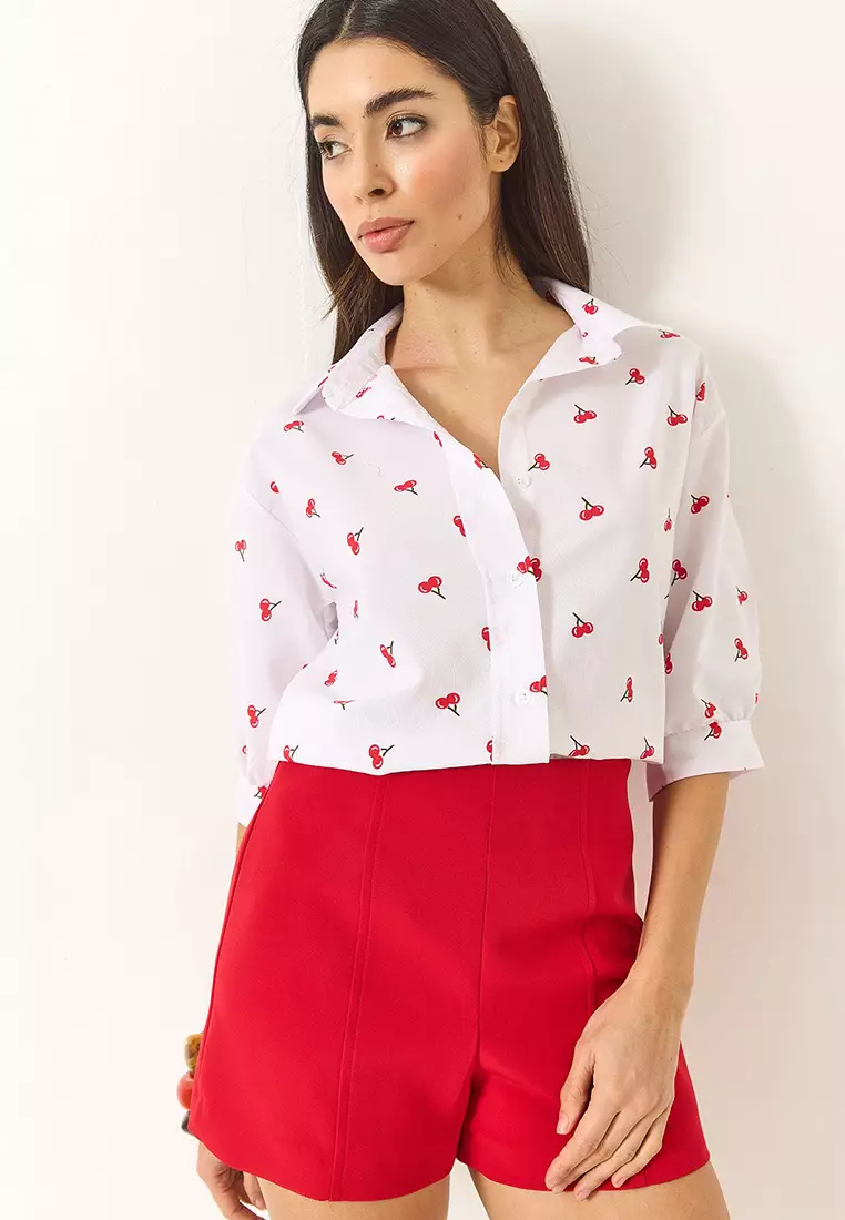 Women's Minimal Patterned Watermelon Sleeves Regular Shirt 1686 60284040