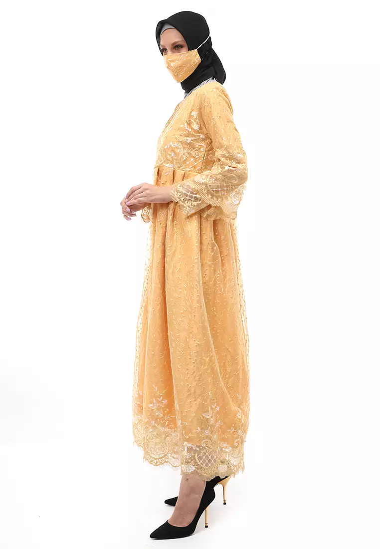 Araya Gamis Tulle Wanita Muslimah Long Dress Regular Fit - Gold