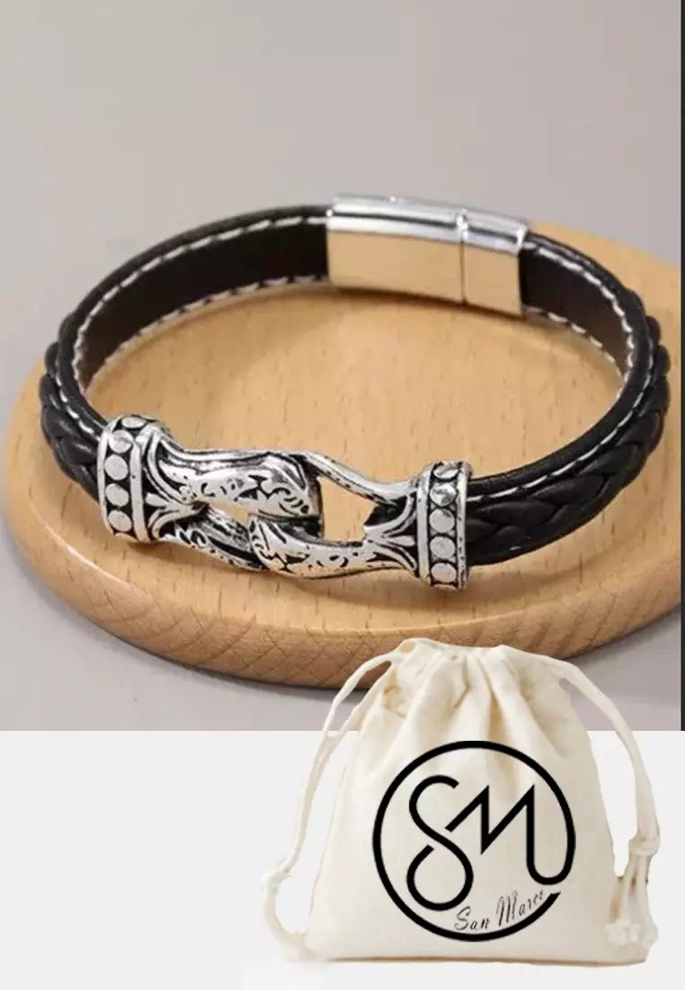 Accessories Pria Stainless Steel Knot Design Center Leather Bracelet Gelang Pria Black & Silver 