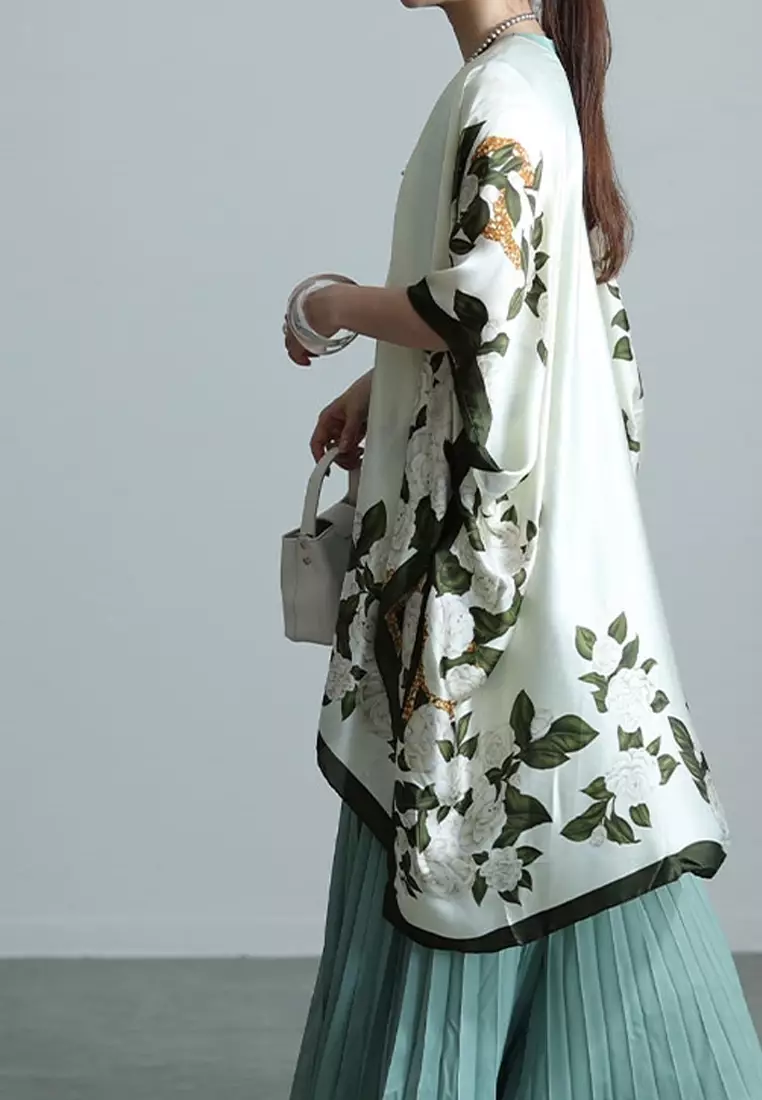 Aksesoris Wanita Garden Flowers Outer Syal Outer Wanita Dark Green & White