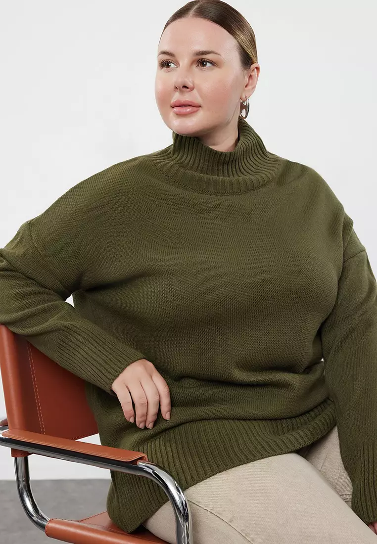 Khaki Turtleneck Off Shoulder Knitwear Sweater Tbbaw23An00136