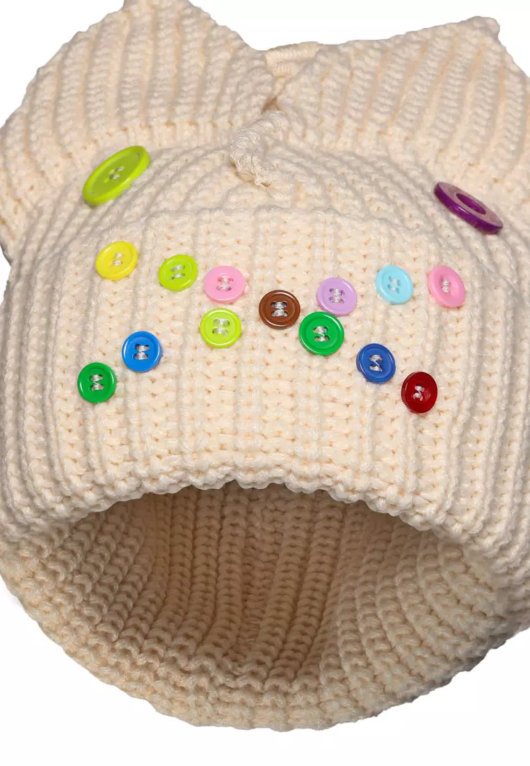 Beanie Telinga Hewan Berkancing Warna Putih