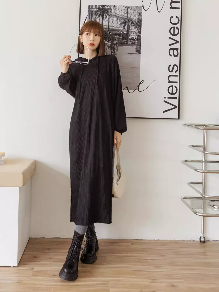 Buy OBSTYLE Casual Solid Color Wrinkle Texture Hooded Side Slit