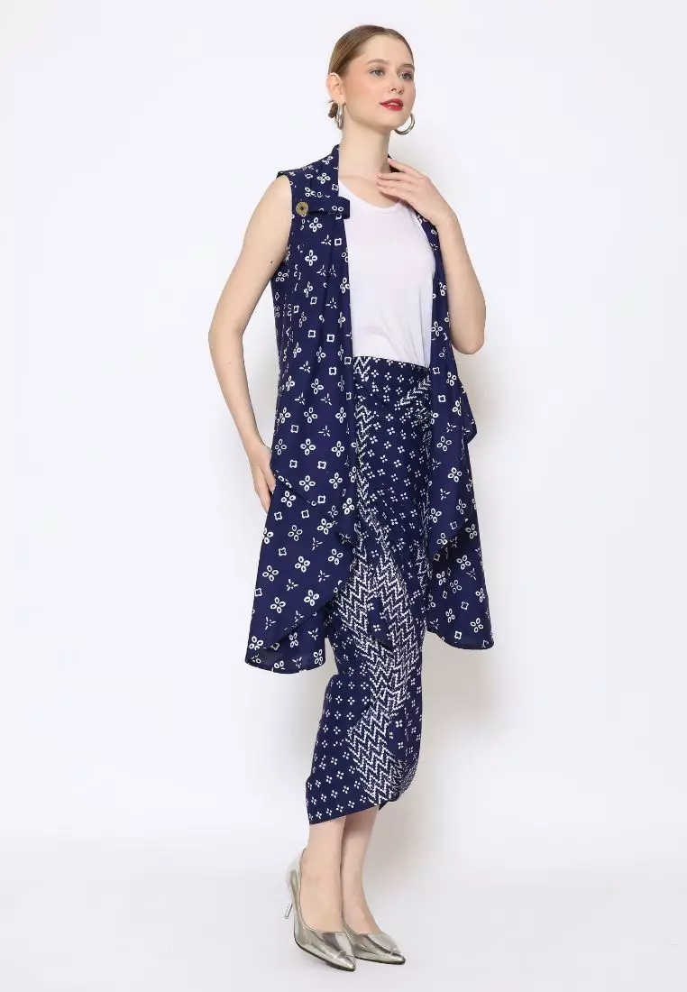 Rinjanie Batik - Set Outer Coin dan Rok Lilit Navy - Batik Tuntrum Katun Series - Outer Batik Modern - Outer Batik - Outer Batik Kerja Kantor - Batik Cap - OUTC&MEAS-NV