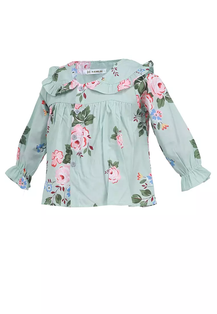 Octavia Atasan Anak Perempuan Blouse Remple Long Sleeve Motif Bunga Material Cotton ORIGINAL - Green