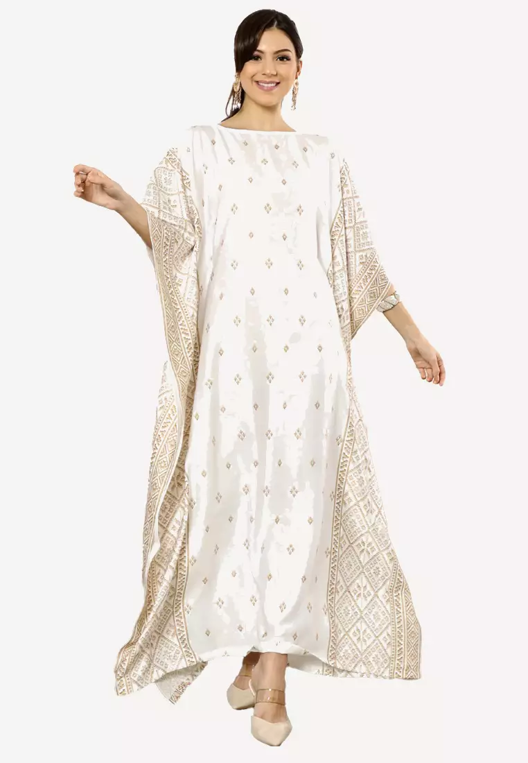 Kanzi Exclusive Short Sleeve Songket Side Kaftan White