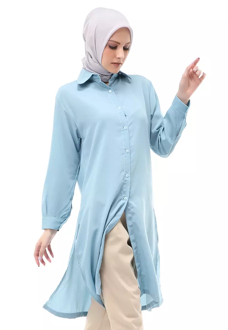 Septiyani Tunik Atasan Wanita Motif Polos Long Sleeve Regular Fit - Denim