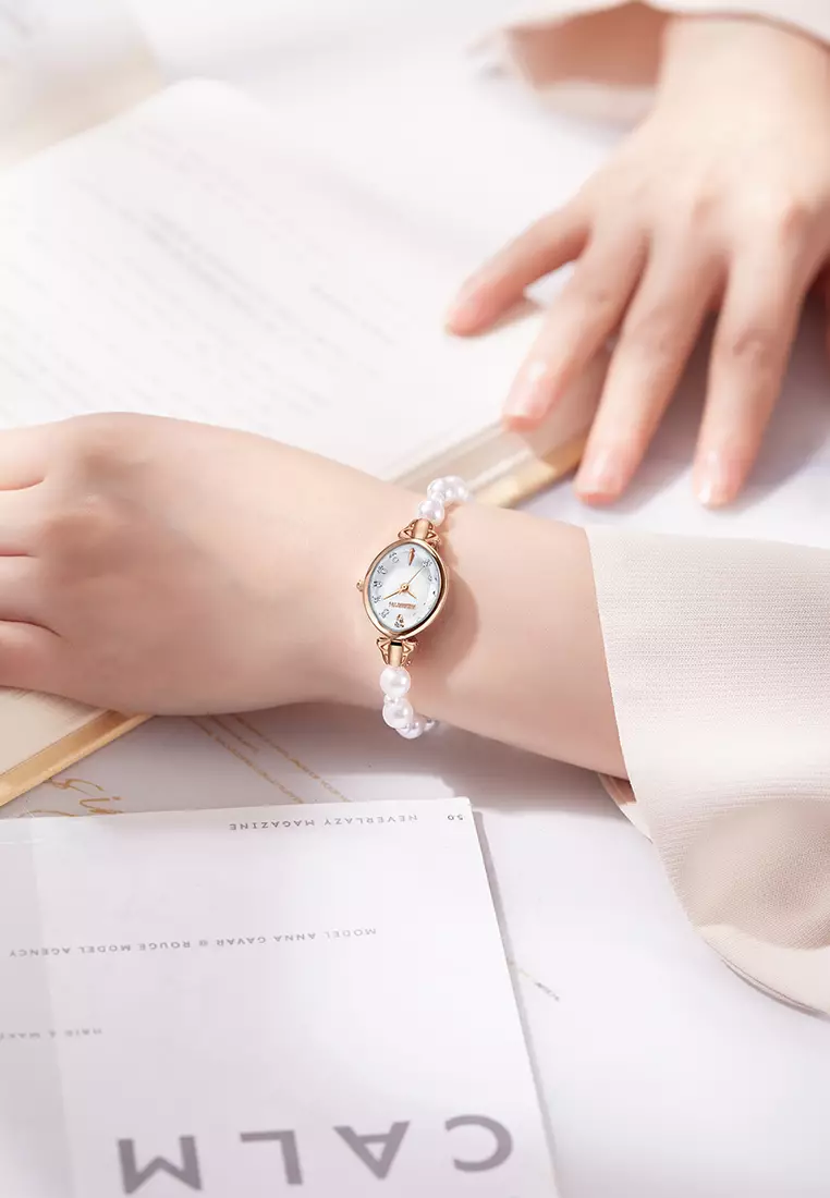 Jam Tangan Wanita Anti Air Original Analog Elegan Anak Perempuan Korean Style Kecil Mutiara Watch Women rosewhite