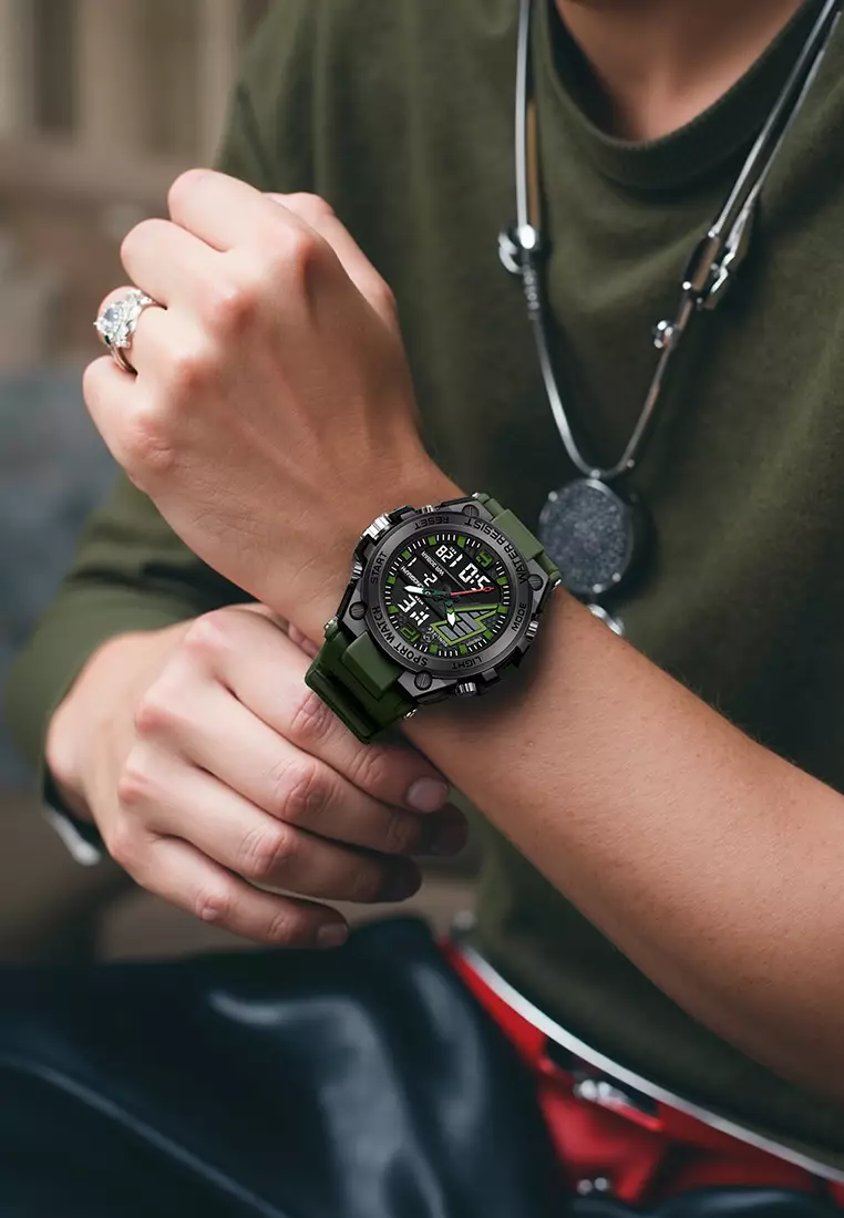 Jam Tangan Pria Analog&Digital Multifungsi Tali Silikon Anti Air Jam Tangan Cowok greenblack