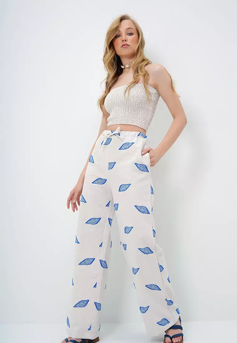 Women's Saks Double Pocket Leaf Patterned Woven Linen Trousers Alc-X13885