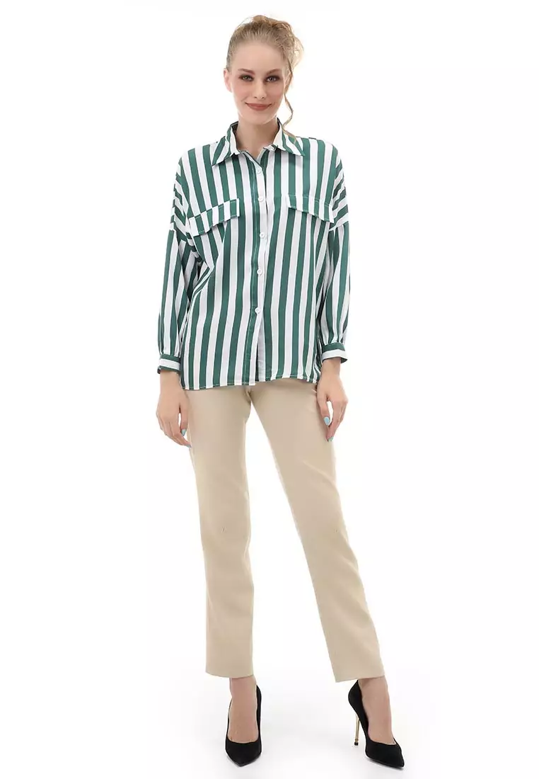 Holly Atasan Kasual Wanita Kemeja Lengan Panjang Striped Motive Material Twiscone ORIGINAL - Green