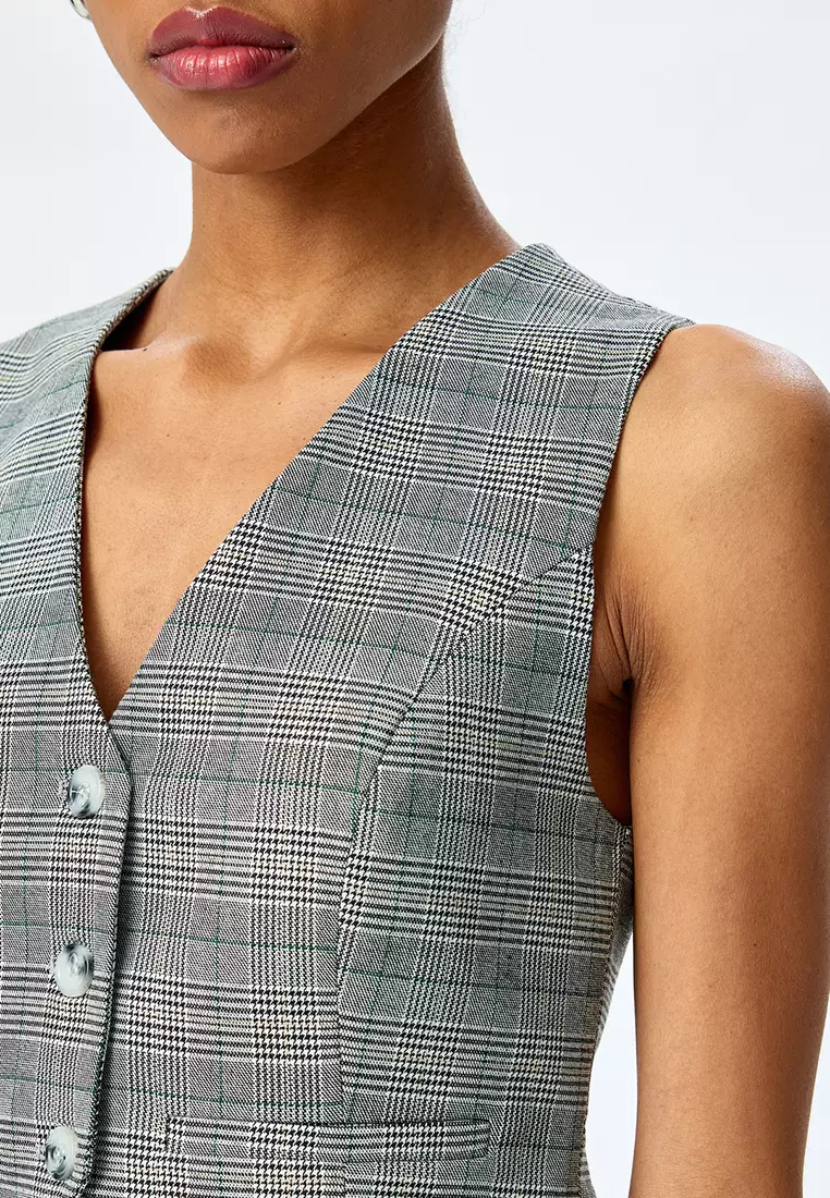 V-Neck Viscose Blend Slim Fit Plaid Sleeveless Crop Vest With Pocket