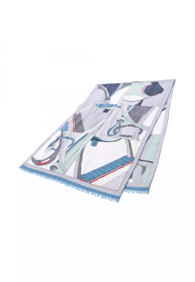 Pre-Loved Hermès rectangle Selle en Desordre Stall shawl cashmere silk gray blue multicolor