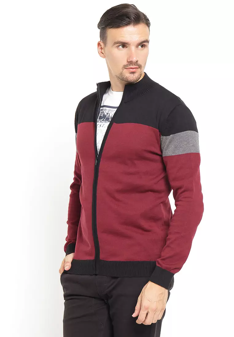 Johnwin - Sweater Pria - Full Zipper - Ribbed Cuff - Merah - Free Keychain