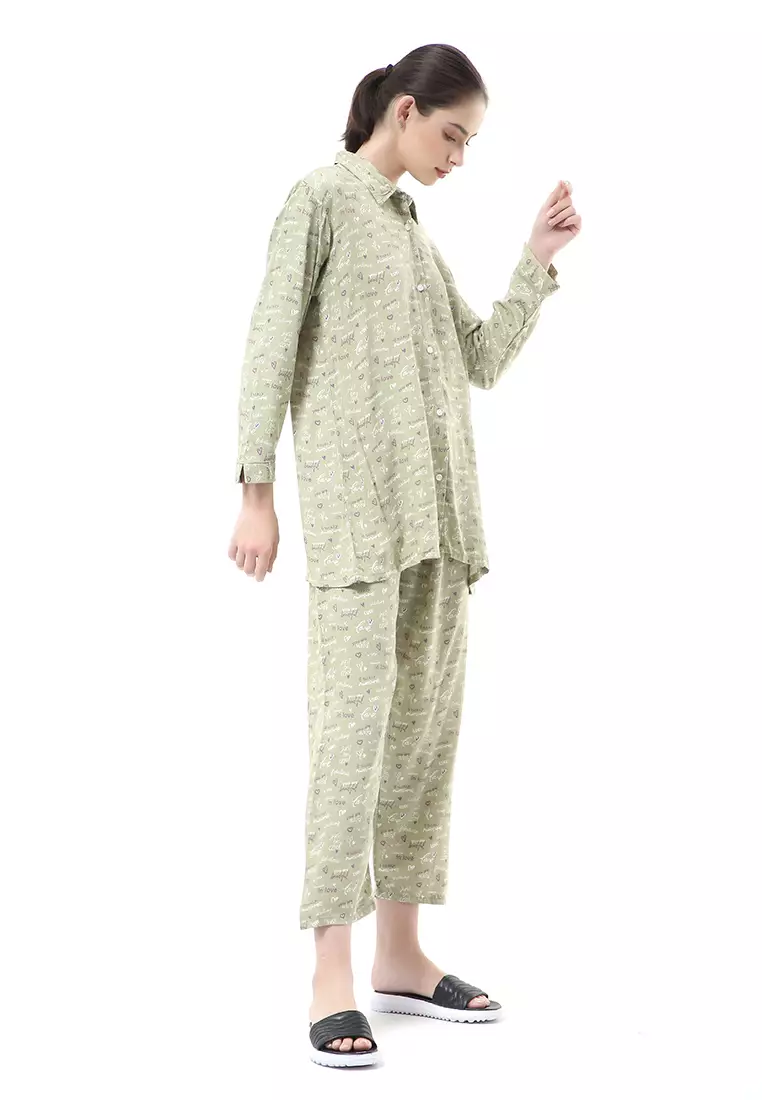 Nayra One Set Setelan Kemeja Wanita Lengan Panjang Love Motive Full Kancing Material Rayon ORIGINAL - Green
