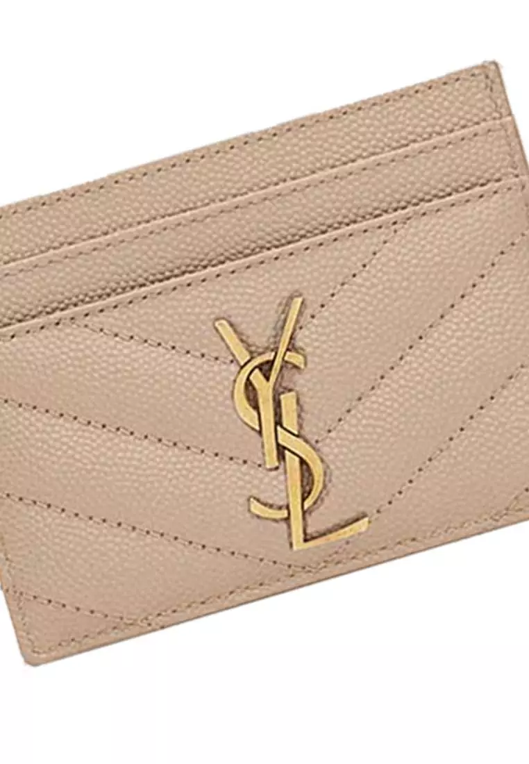 YSL Cassandre Matelasse Card Case In Grain De Poudre Embossed Leather Dark Beige 423291