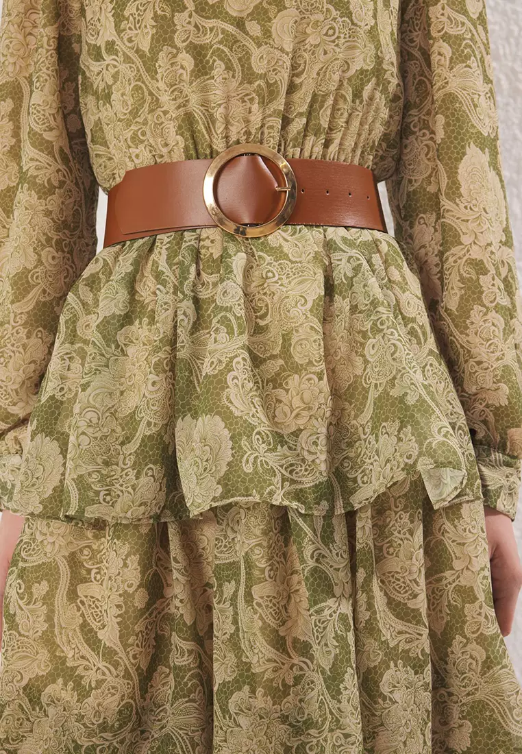 Green Stand Collar Patterned Belted Lined Chiffon Woven Dress Tctss25Eb00062