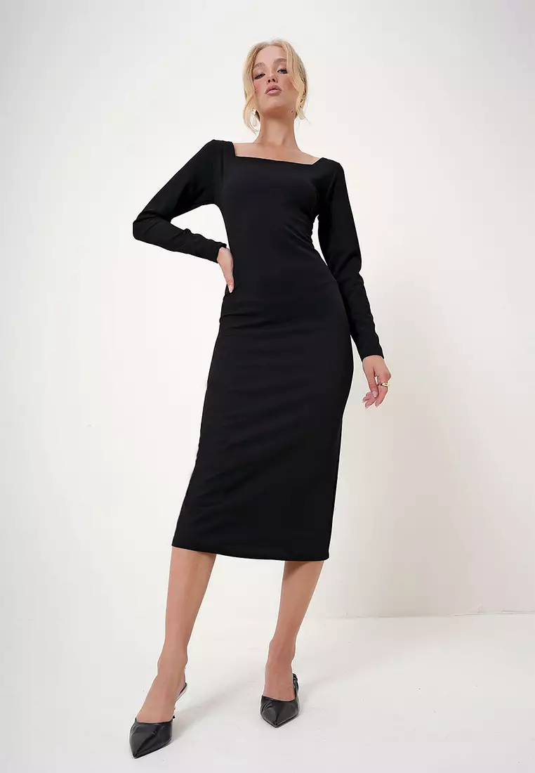 Women's Black Square Neck Midi Length Zippered Crepe Knit Dress Alc-X12785