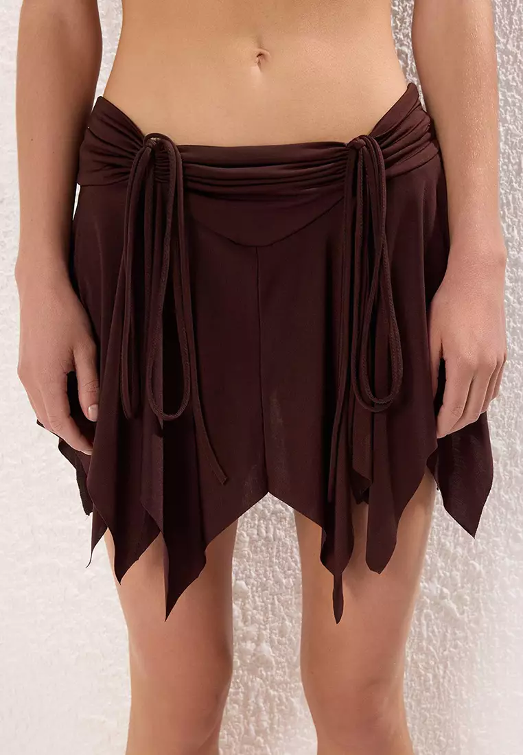Brown Mini Knitted Shorts 100% Cotton Beach Skirt TBESS25ET00015