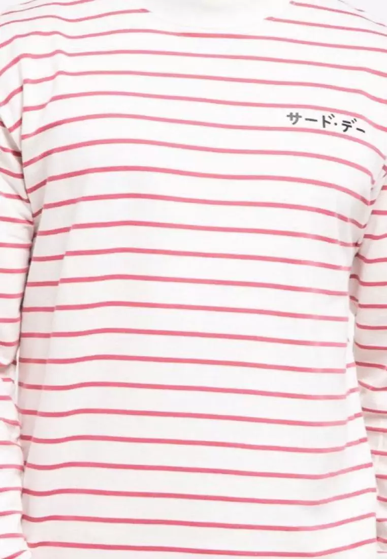 MO186 Third Day Sweater Stripe Casual Pria Dakir Katakana Putih Pink