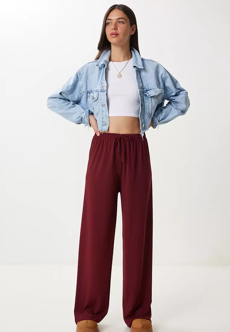 Women's Burgundy Wide Leg Comfortable Knitted Trousers Pb00054