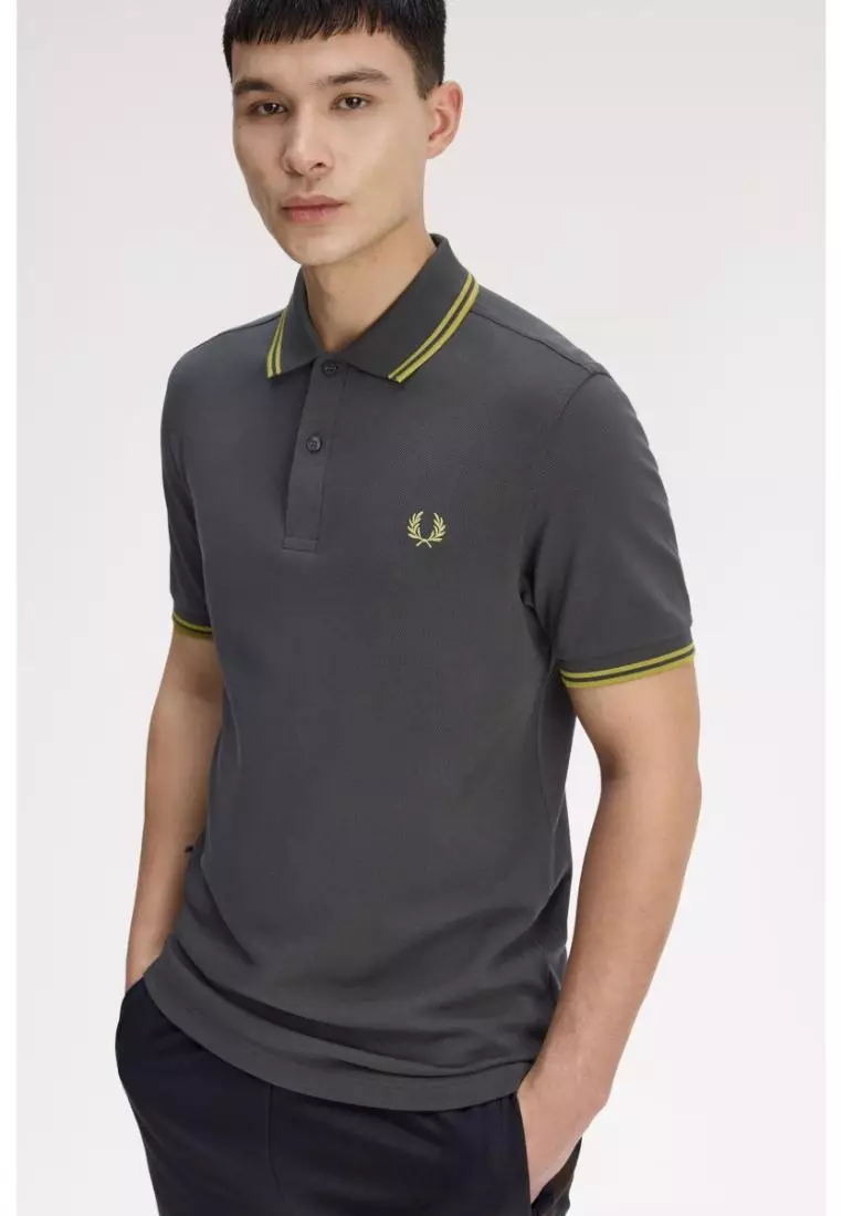 Fred Perry M3600 Twin Tipped Fred Perry Shirt (Anchor Grey / Tennis Ball Yellow / Tennis Ball Yellow)