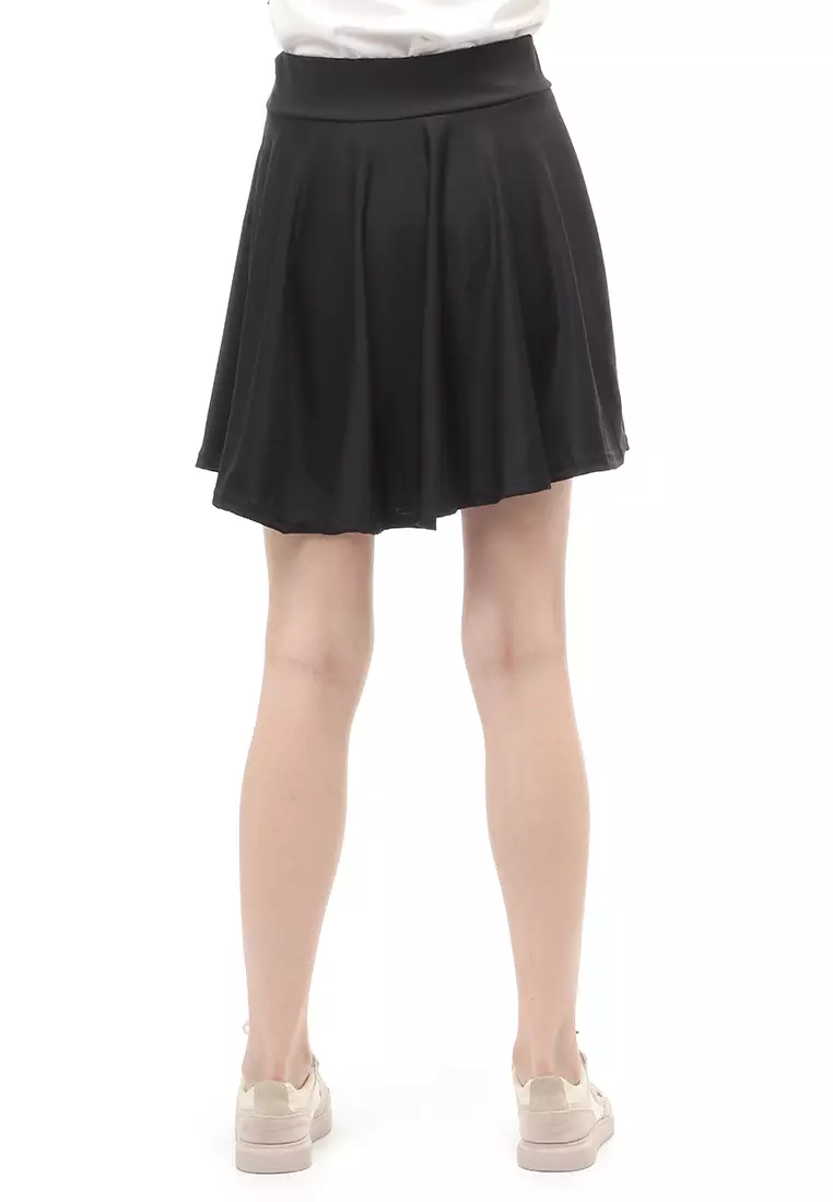 Rok Midi Bawahan Wanita Motif Solid Casual Relaxed Fit - Black