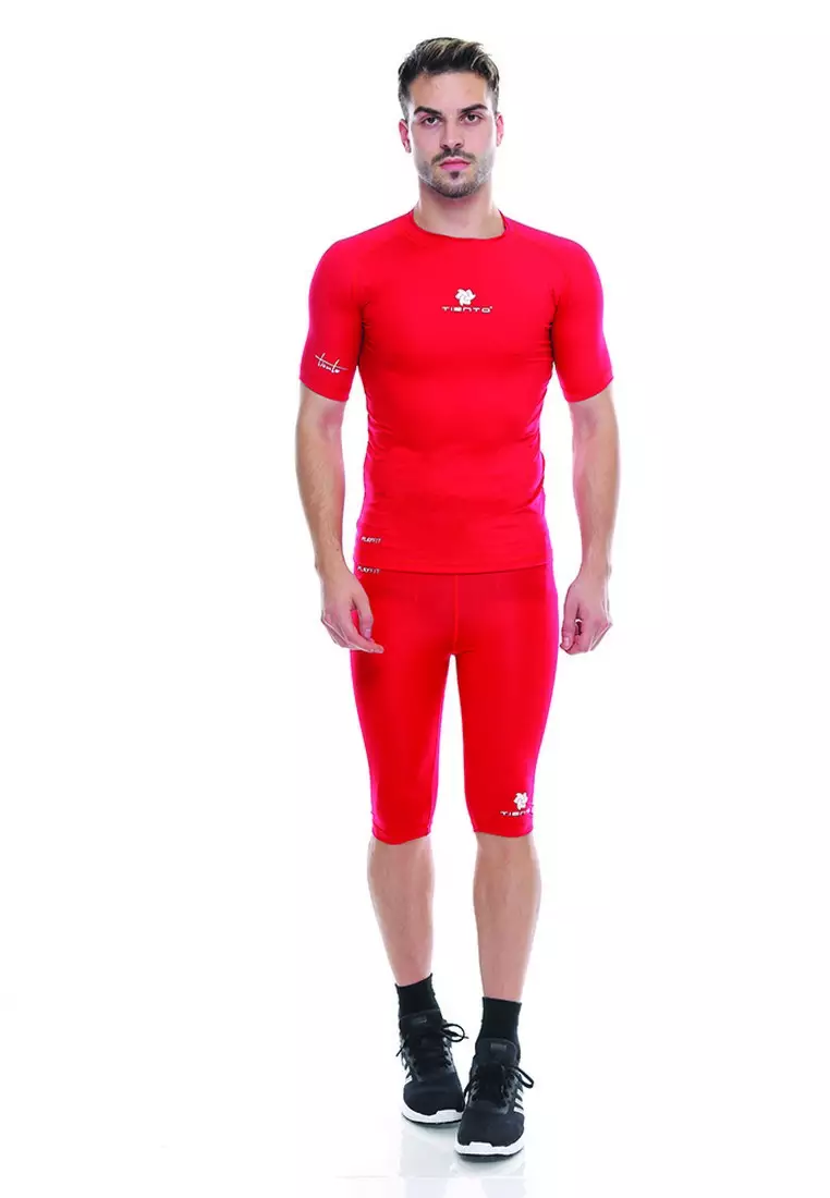 Tiento Man Baselayer Baju Ketat Manset Olahraga Pria Short Sleeve Red Rashguard Sport Original
