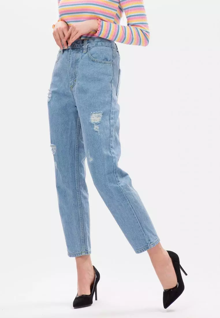 Elastic Waist Ripped Boyfriend Jeans