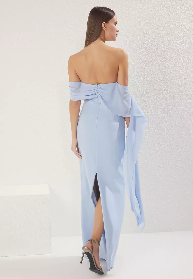 Light Blue Carmen Collar Woven Long Elegant Evening Night Graduation Dress TPRSS25AE00115