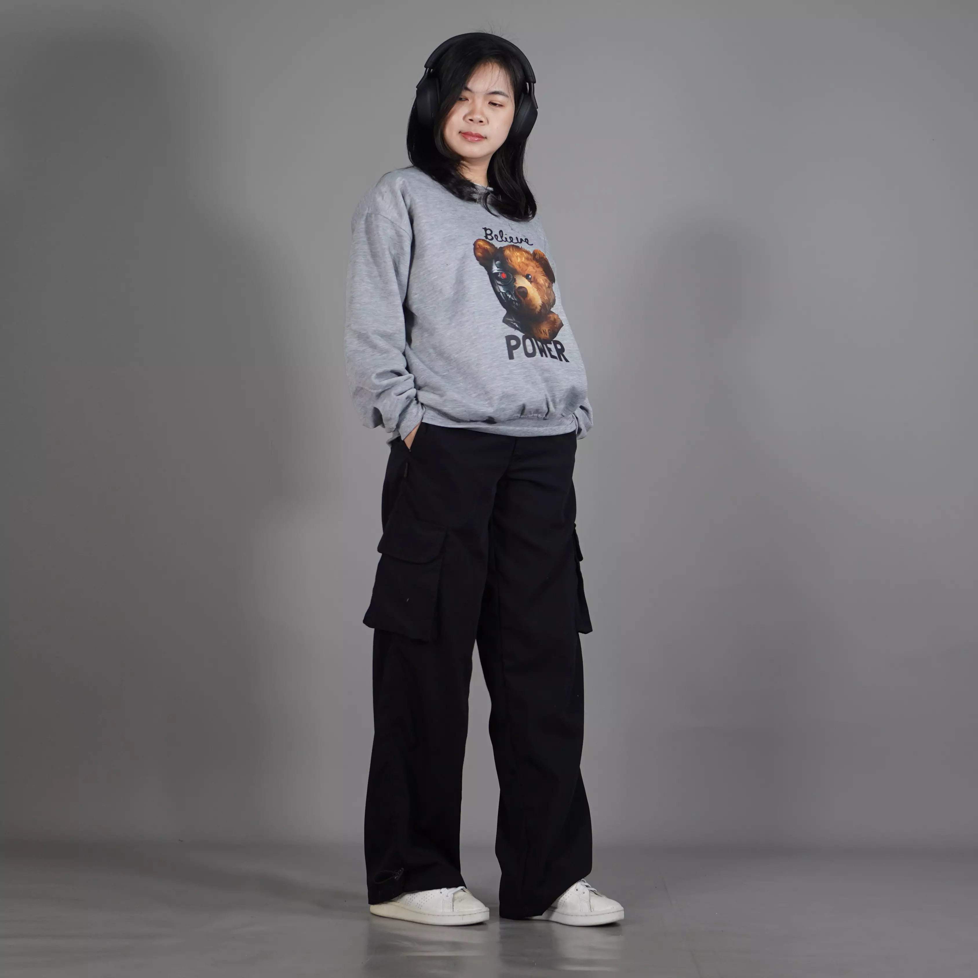  Sweater Sablon POWER Sweater Wanita Oversize Sweater Oversize Unisex - Abu Muda