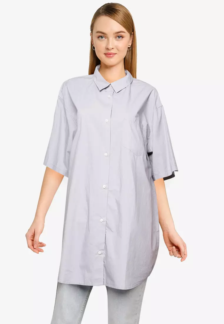 Solid Curved Hem Oversized Longline Shirt