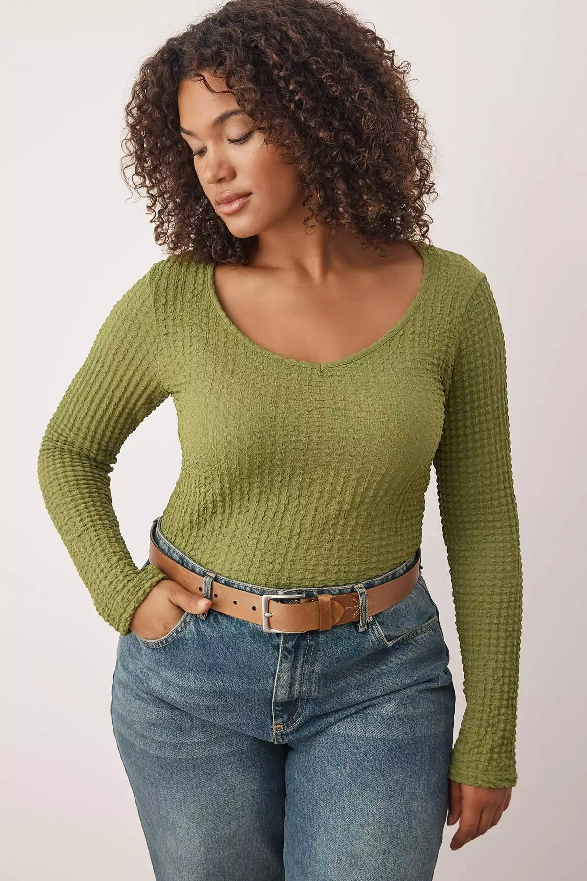 Green Seersucker Knit Plus Size Blouse
