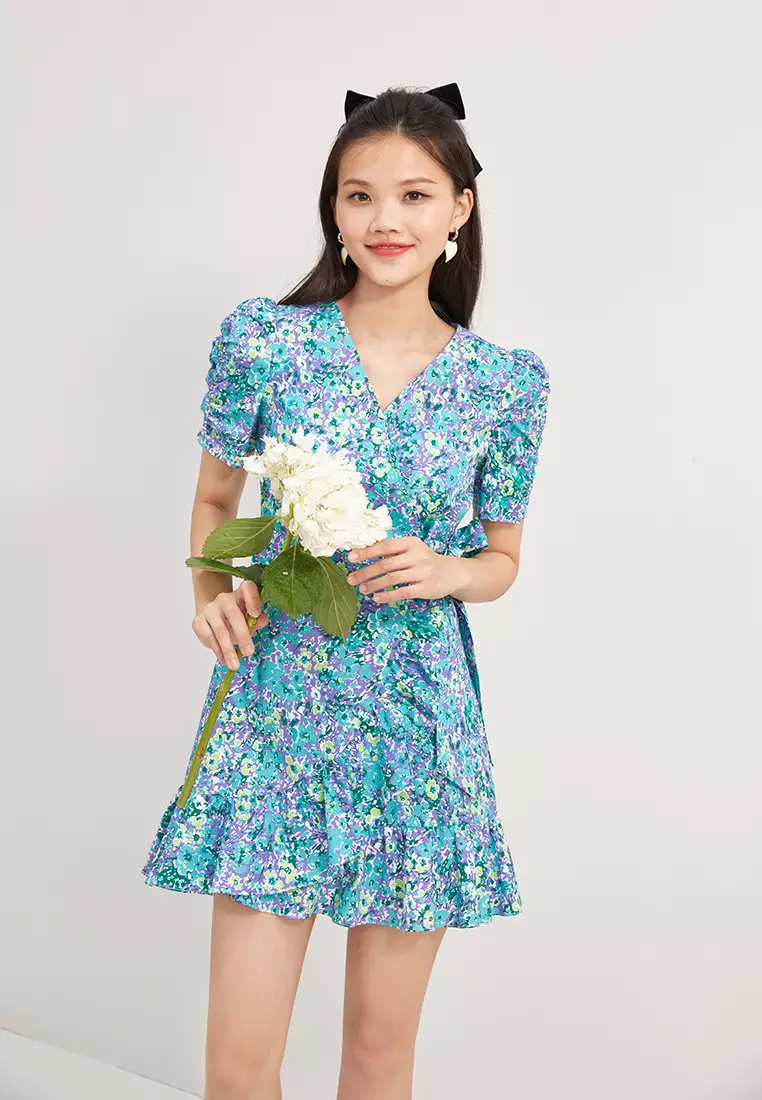 Overlap V-Neck Floral Mini Dress