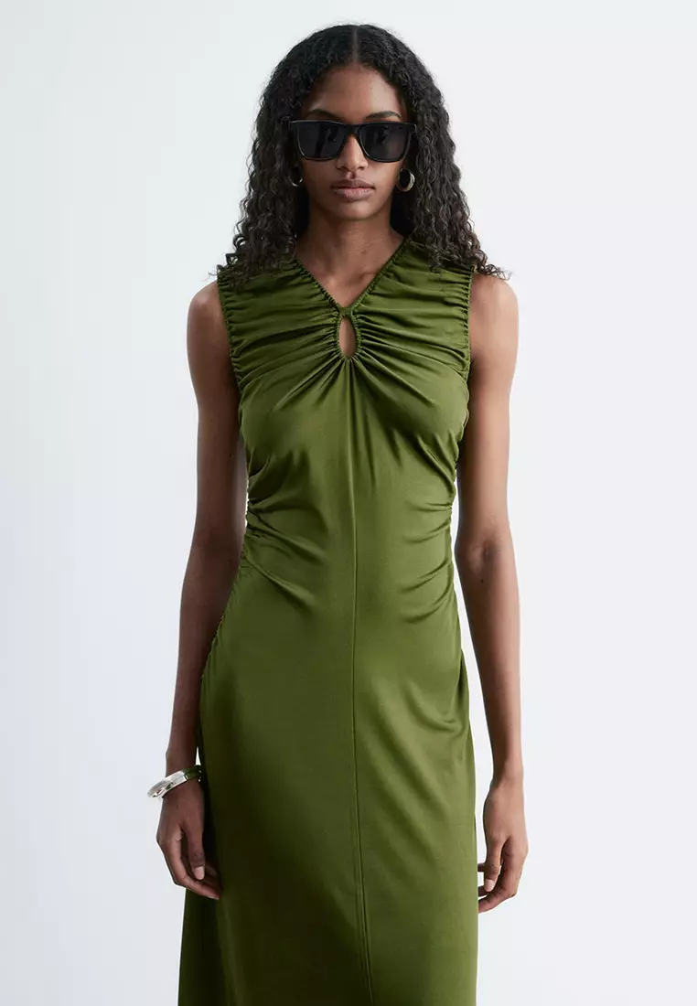 Ruched Keyhole-Neck Midi Dress