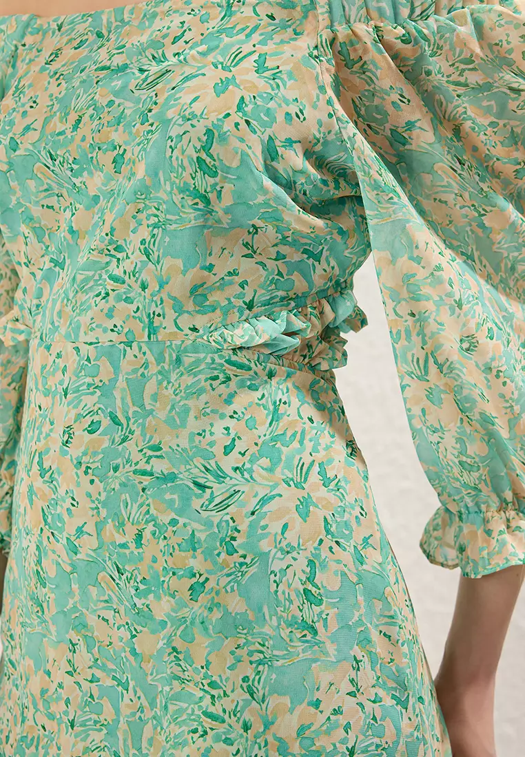 Mint Floral Cut Out / Flounce Maxi Woven Dress