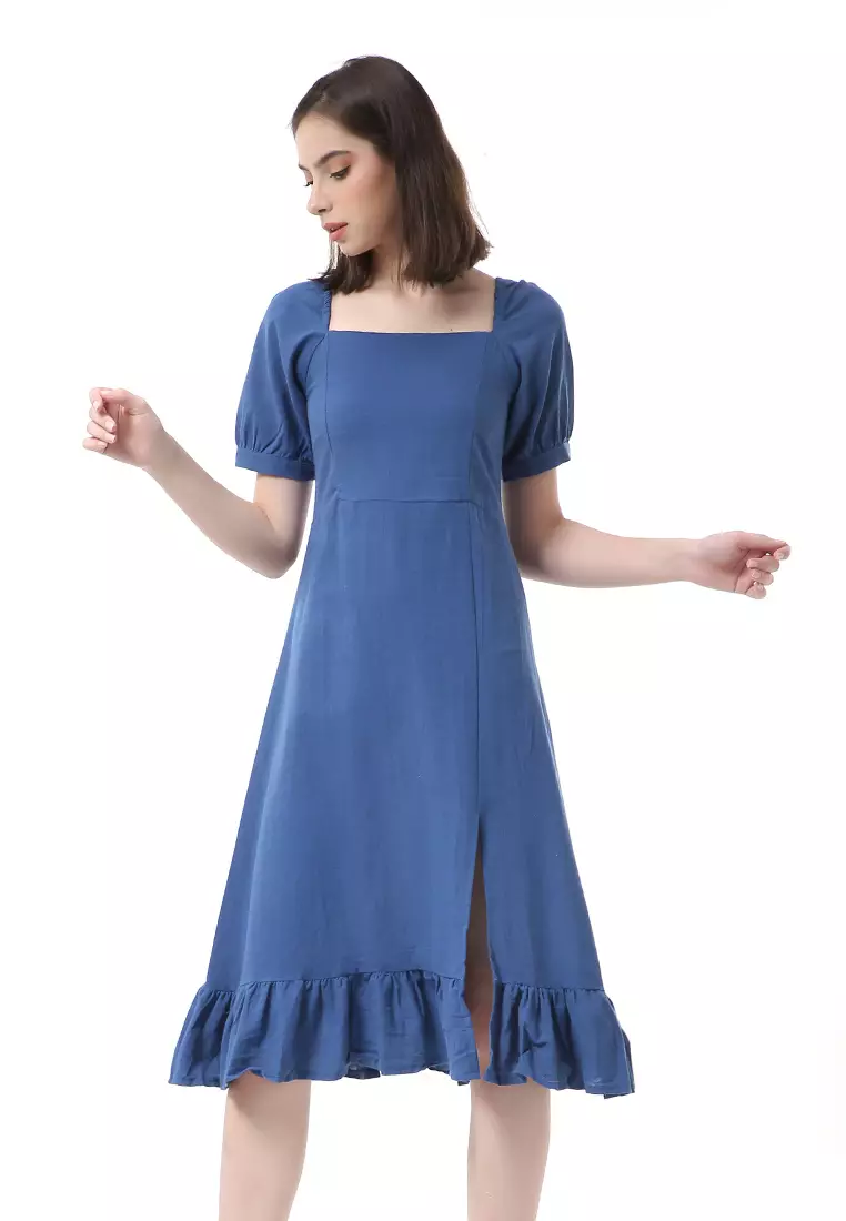 Rachel Midi Dress Rample Wanita Vintage Bottom Lengan Pendek Material Linen ORIGINAL - Navy