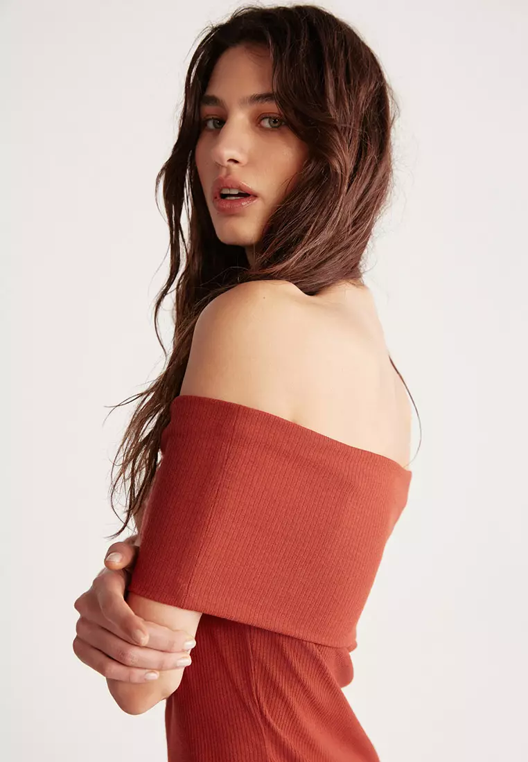 Julene Stretch Ribbed Bardot Neck Bodycon Fit Mini Dress
