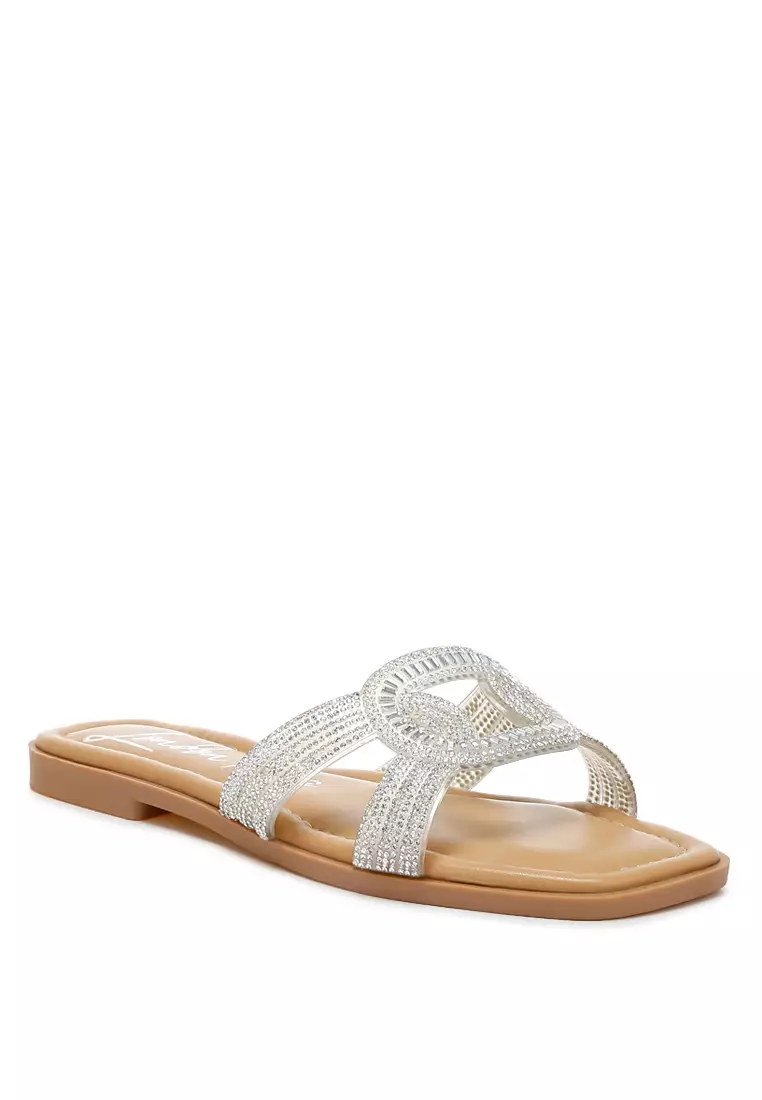 銀色水鑽裝飾平底涼鞋