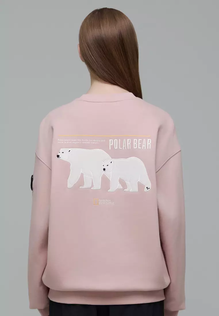 【NATIONAL GEOGRAPHIC】 Polar Bear Graphic Sweatshirtt ★ Unisex Polar Bear Graphic Fleece Sweatshirt - M/IVORY