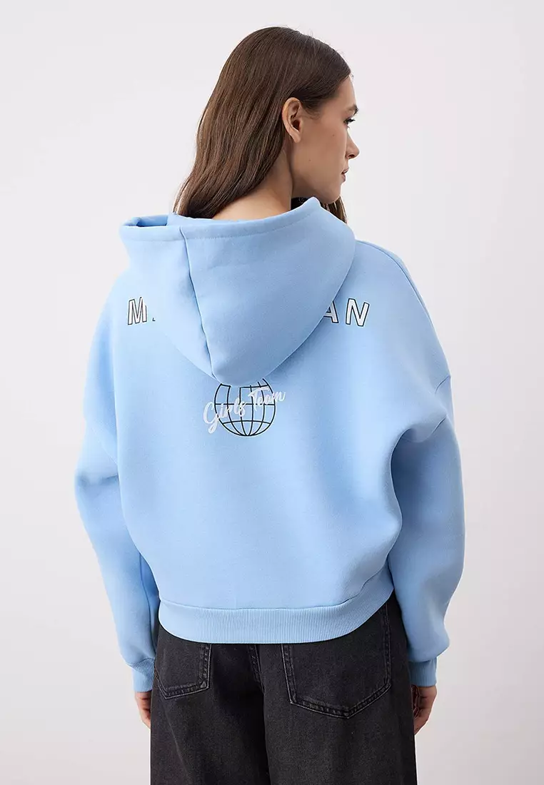 Light Blue Back Print Detailed Hooded Thick Fleece Knitted Sweatshirt