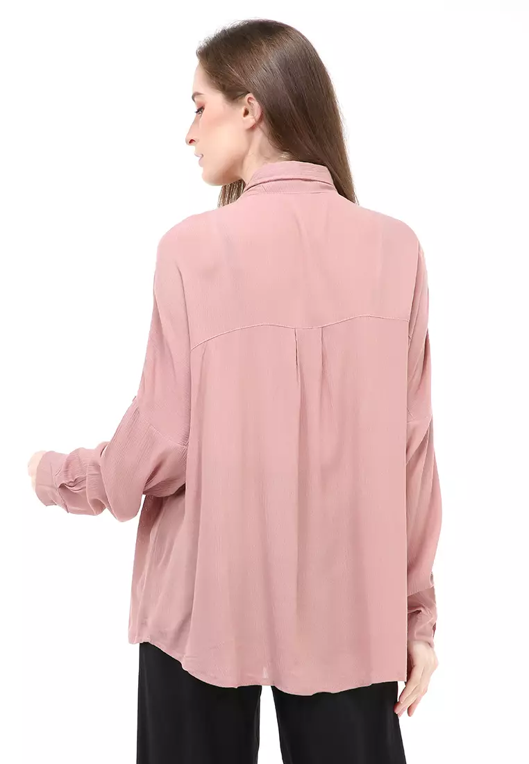 Laura Kemeja Long Sleeves Wanita Motif Polos Atasan Wanita Casual - Mauve