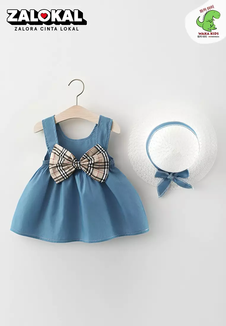 Wakakids Dress Bayi Anak Perempuan Set dengan Topi Motif Lucu Pita Full Printing Katun 4424 Venrz Denim Blue