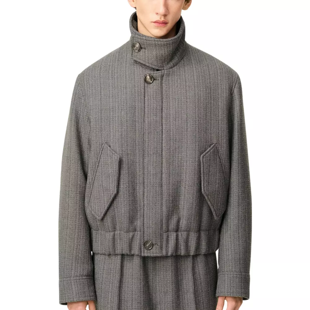 Herringbone Harrington Jacket In Double Wool Grey