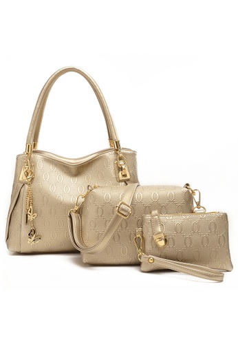 Jackbox gold and beige Set of 3 Elegant Leather Purse Sling Bag Handbag Tote Bag 901 (Gold) LO761AC11RZCMY_1