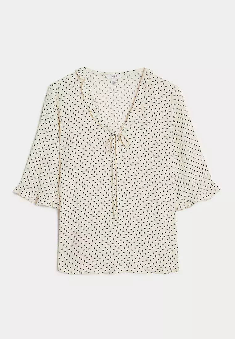 Polka Dot V-Neck Frill Detail Blouse