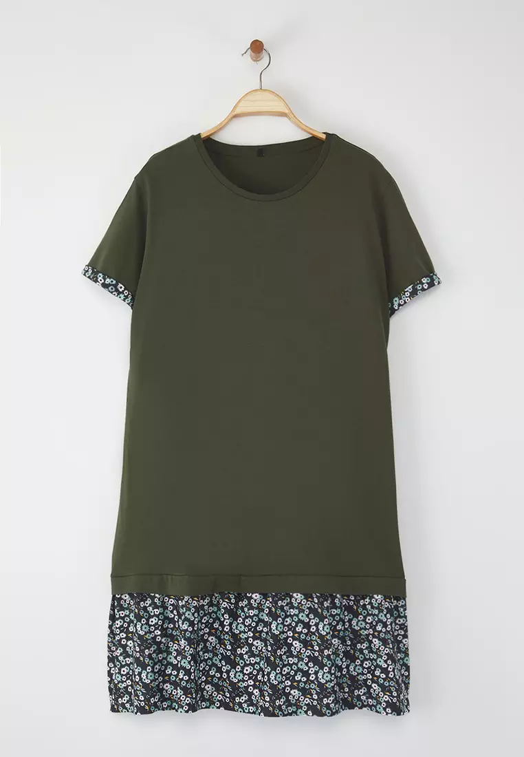 Khaki Sleeve And Hemline Floral Print Knitted Plus Size Dress Tbbss25Ah00190