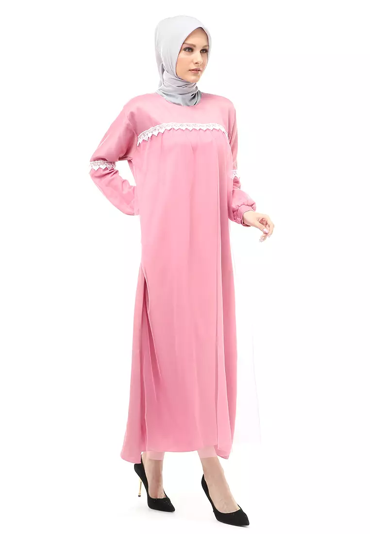 Adelia Gamis Muslimah Wanita Long Dress Motif Polos Premium Quality - Dusty